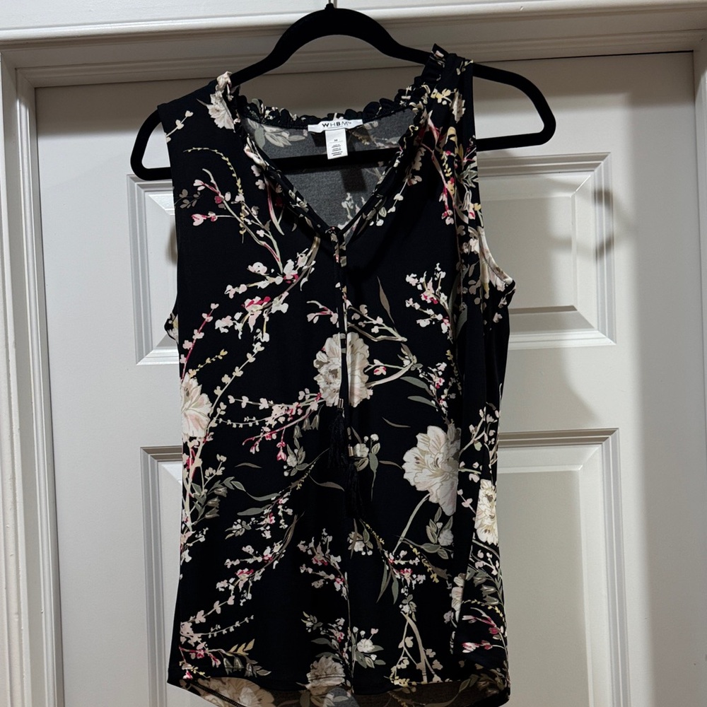 White House Black Market Black Floral Tie-Front Sleeveless Shirt